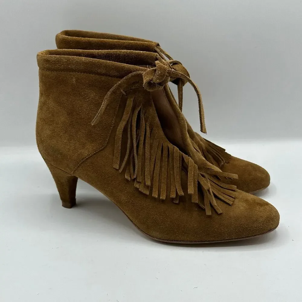 MAJE Suede Leather Fringe Tassel Kitten Heel Boots Camel Tan - Picture 2 of 8